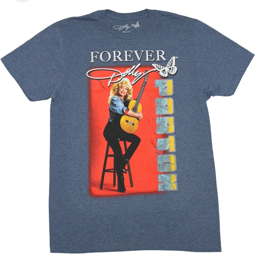 Dolly Parton Graphic Tee Forever Dolly Holding Guitar & Butterfly Design S